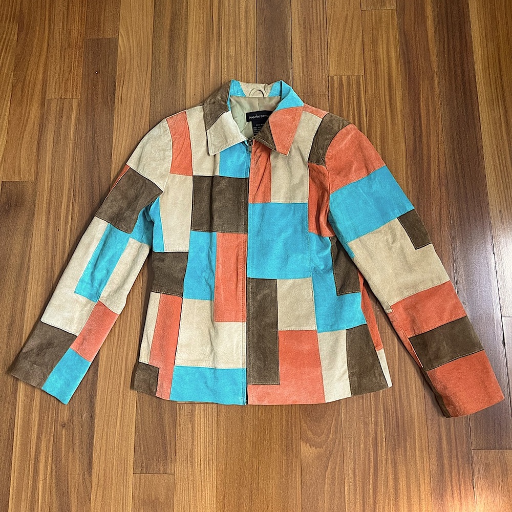 Colorful Patchwork Suede Jacket with Aqua Blue Coral Tan and Brown